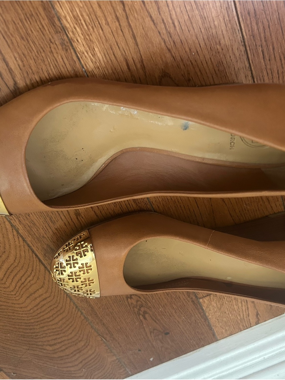 Tory Burch Leather Tan Women's Ballet Flats with Gold Cap Toe